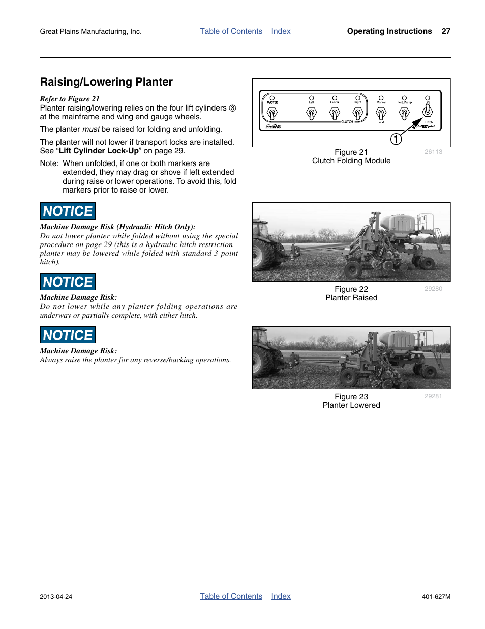 Raising/lowering planter | Great Plains YP4025A Operator Manual User Manual | Page 31 / 190