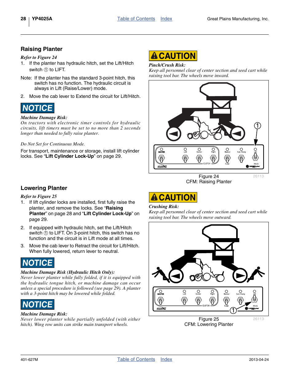 Raising planter, Lowering planter, Raising planter lowering planter | Great Plains YP4025A Operator Manual User Manual | Page 32 / 190
