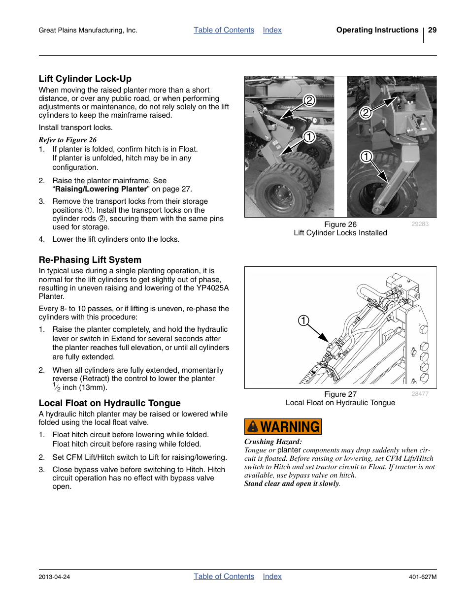 Lift cylinder lock-up, Re-phasing lift system, Local float on hydraulic tongue | Great Plains YP4025A Operator Manual User Manual | Page 33 / 190