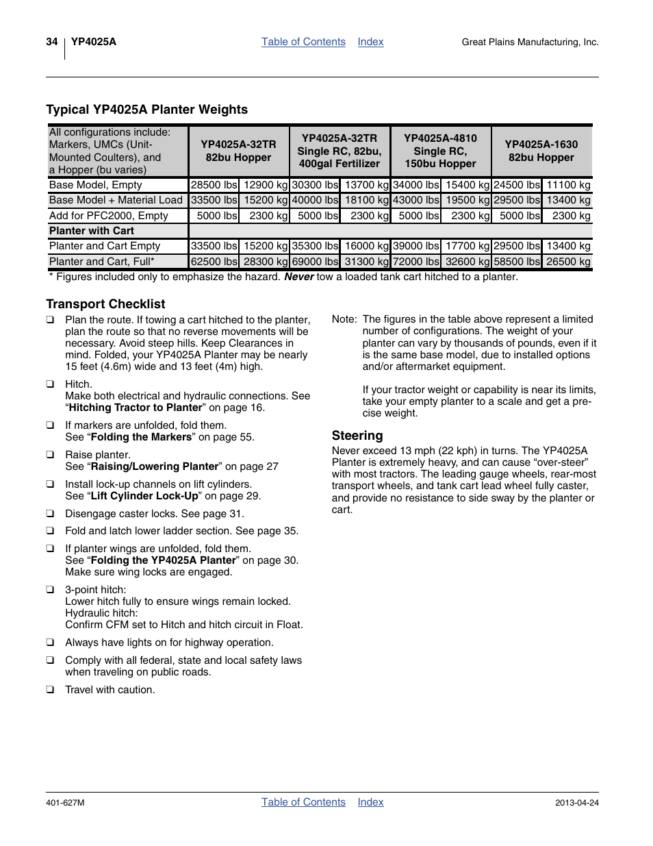 Typical yp4025a planter weights, Transport checklist, Steering | Great Plains YP4025A Operator Manual User Manual | Page 38 / 190