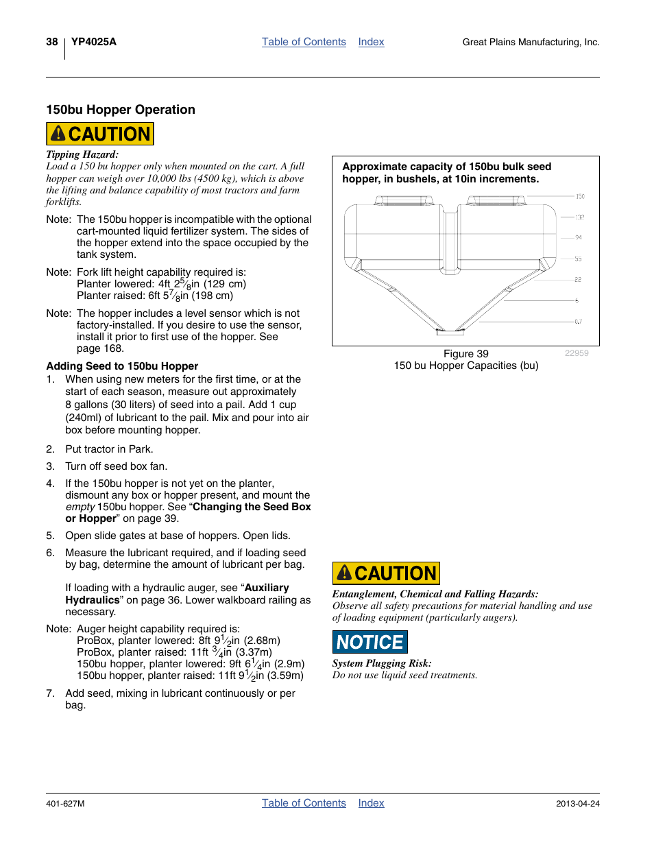 150bu hopper operation, Adding seed to 150bu hopper | Great Plains YP4025A Operator Manual User Manual | Page 42 / 190