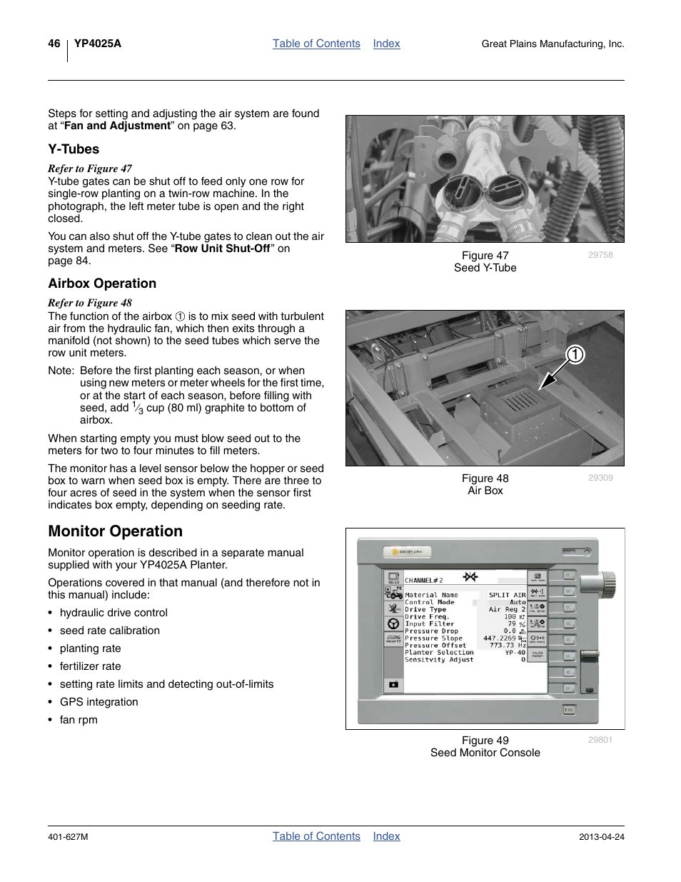Y-tubes, Airbox operation, Monitor operation | Y-tubes airbox operation | Great Plains YP4025A Operator Manual User Manual | Page 50 / 190