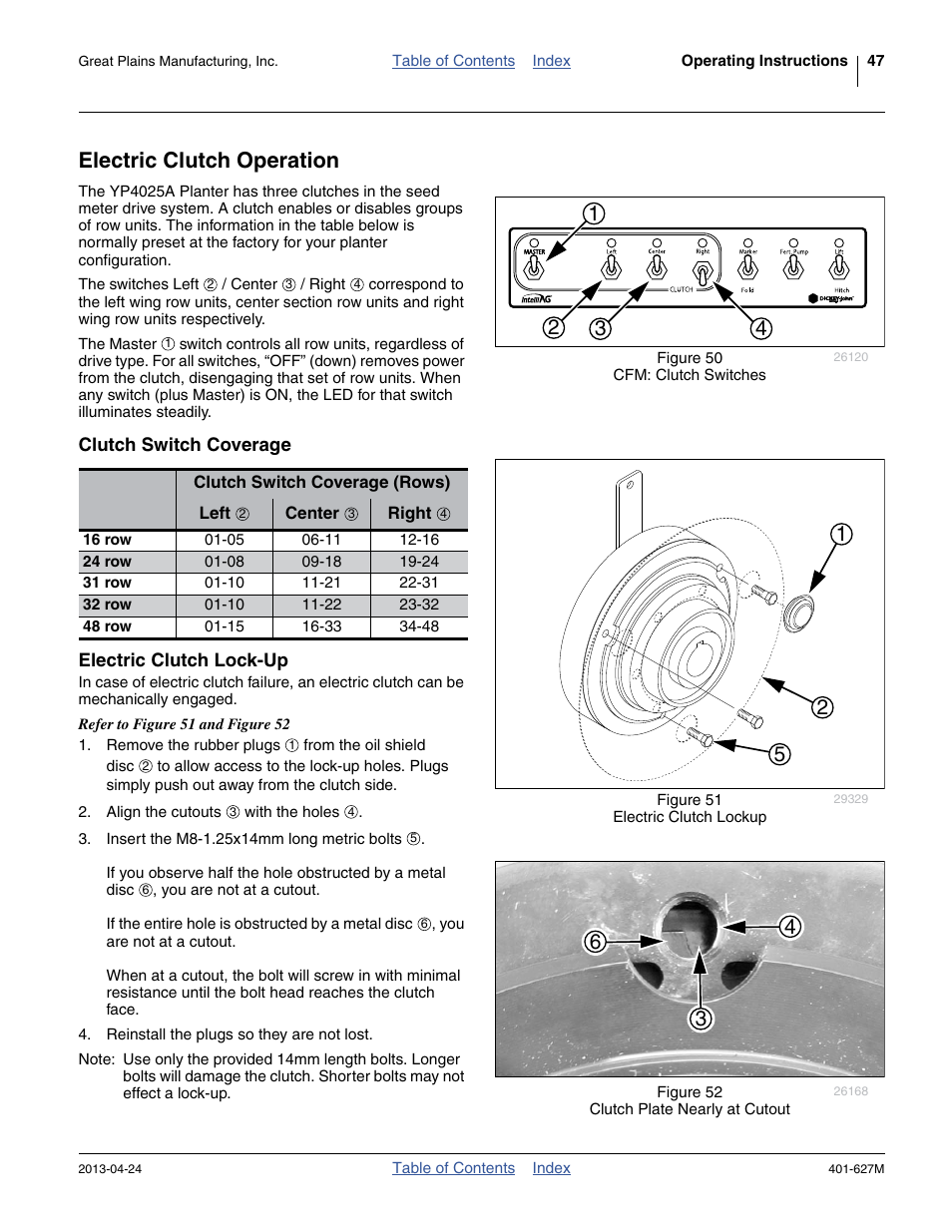 Electric clutch operation, Clutch switch coverage, Electric clutch lock-up | Great Plains YP4025A Operator Manual User Manual | Page 51 / 190