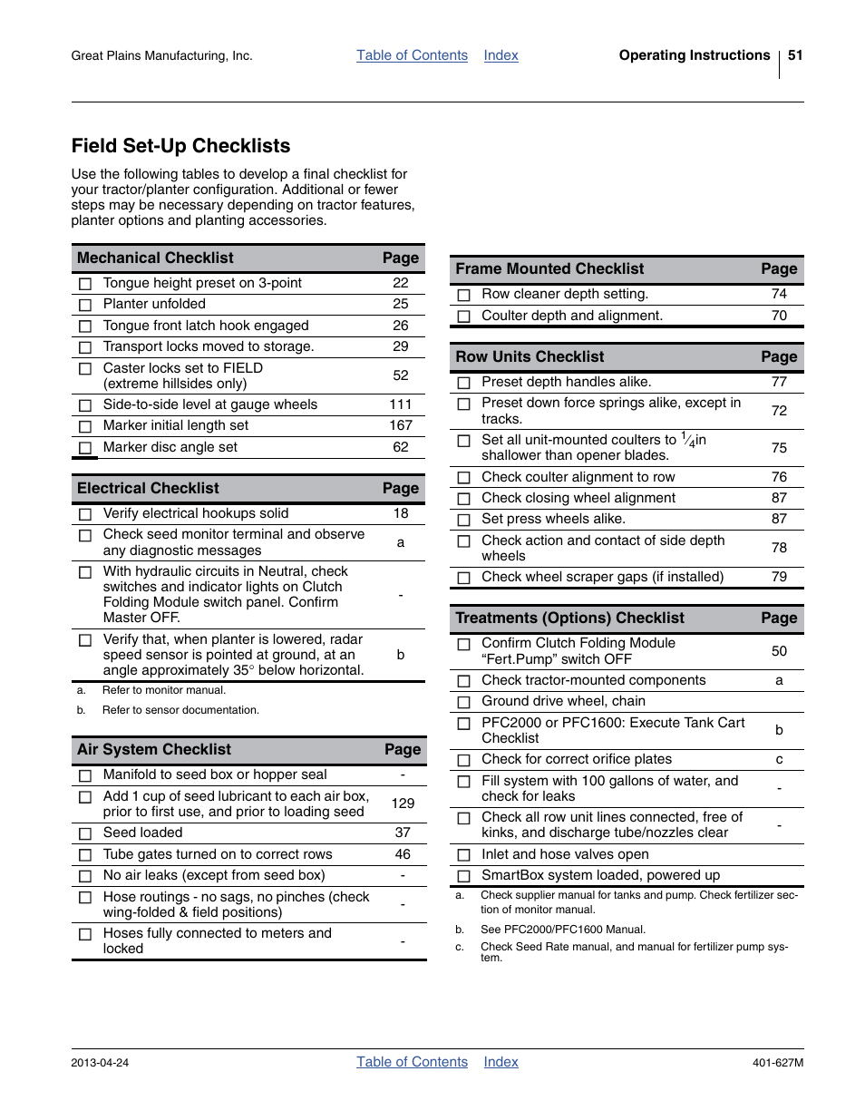 Field set-up checklists | Great Plains YP4025A Operator Manual User Manual | Page 55 / 190
