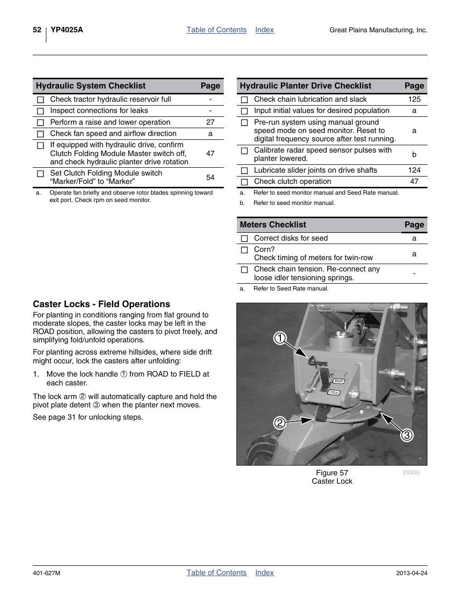 Caster locks - field operations | Great Plains YP4025A Operator Manual User Manual | Page 56 / 190