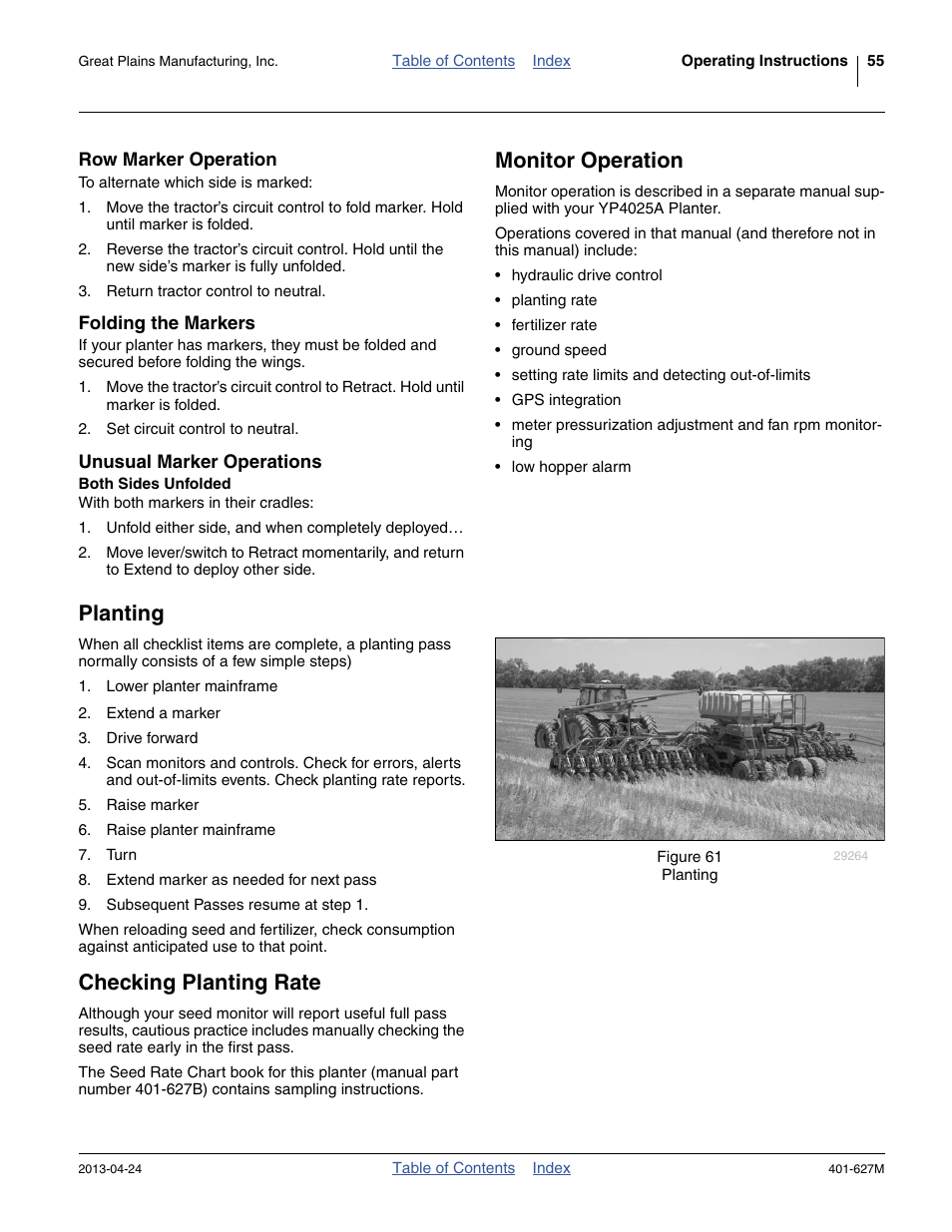 Row marker operation, Folding the markers, Unusual marker operations | Both sides unfolded, Monitor operation, Planting, Checking planting rate, Monitor operation planting checking planting rate | Great Plains YP4025A Operator Manual User Manual | Page 59 / 190