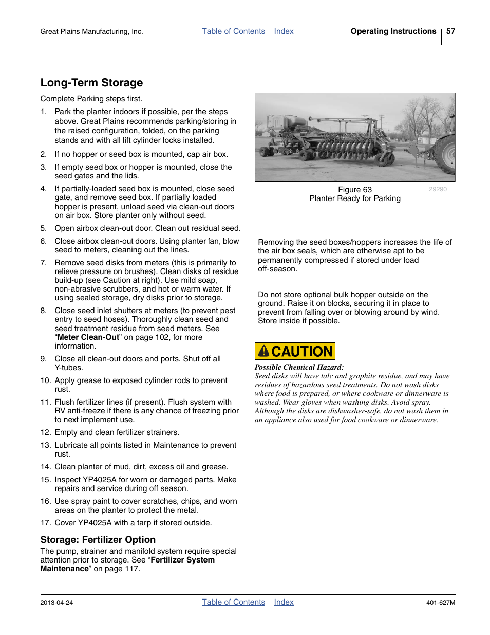 Long-term storage, Storage: fertilizer option | Great Plains YP4025A Operator Manual User Manual | Page 61 / 190