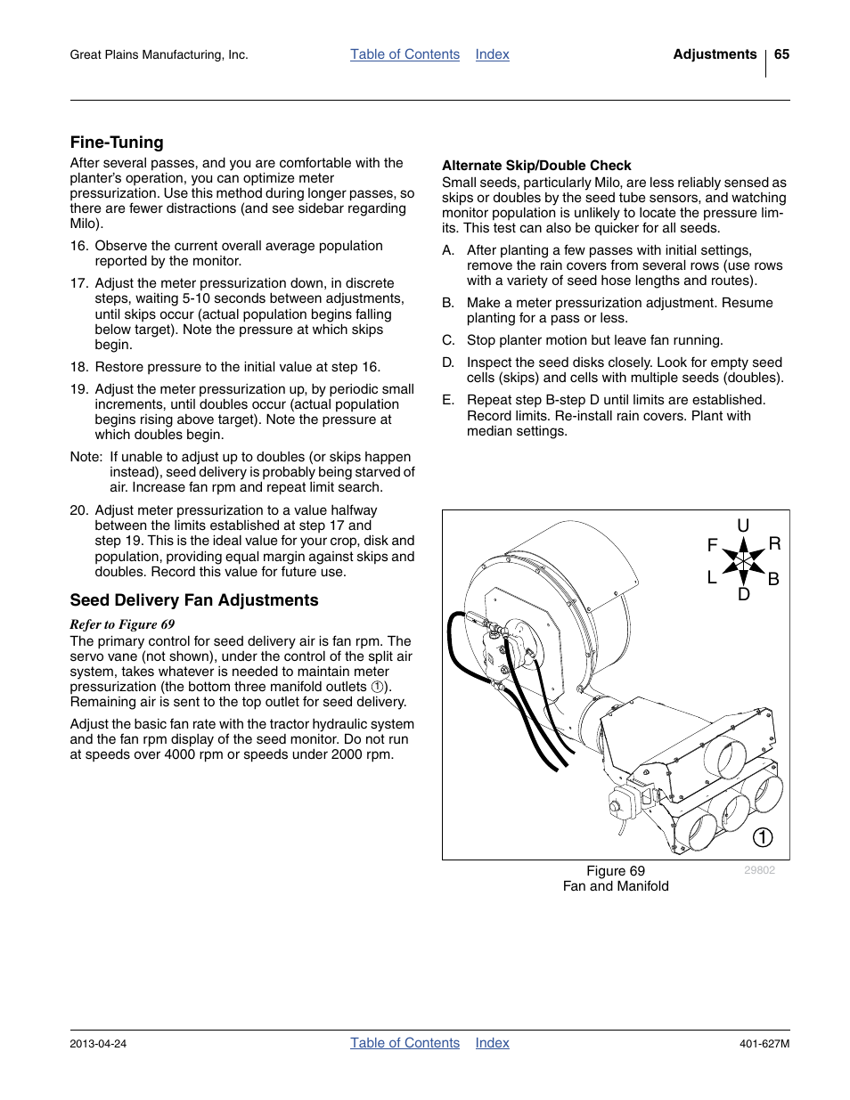 Fine-tuning, Alternate skip/double check, Seed delivery fan adjustments | Fine-tuning seed delivery fan adjustments, The “ alternate skip/double check ” belo | Great Plains YP4025A Operator Manual User Manual | Page 69 / 190