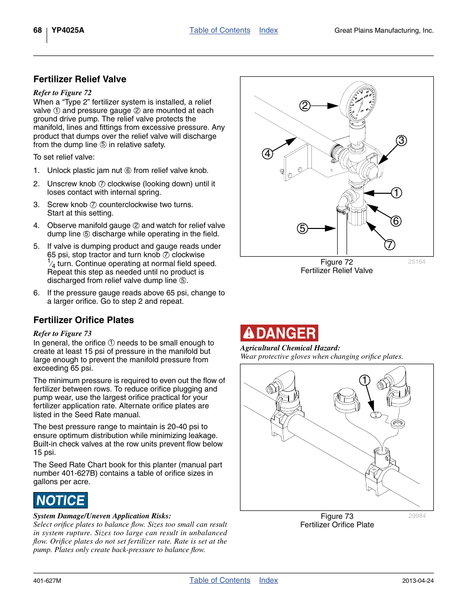 Fertilizer relief valve, Fertilizer orifice plates, Fertilizer relief valve fertilizer orifice plates | Great Plains YP4025A Operator Manual User Manual | Page 72 / 190