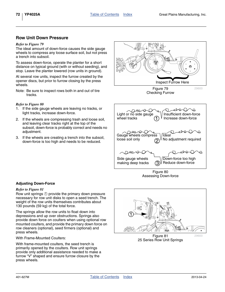 Row unit down pressure, Adjusting down-force | Great Plains YP4025A Operator Manual User Manual | Page 76 / 190