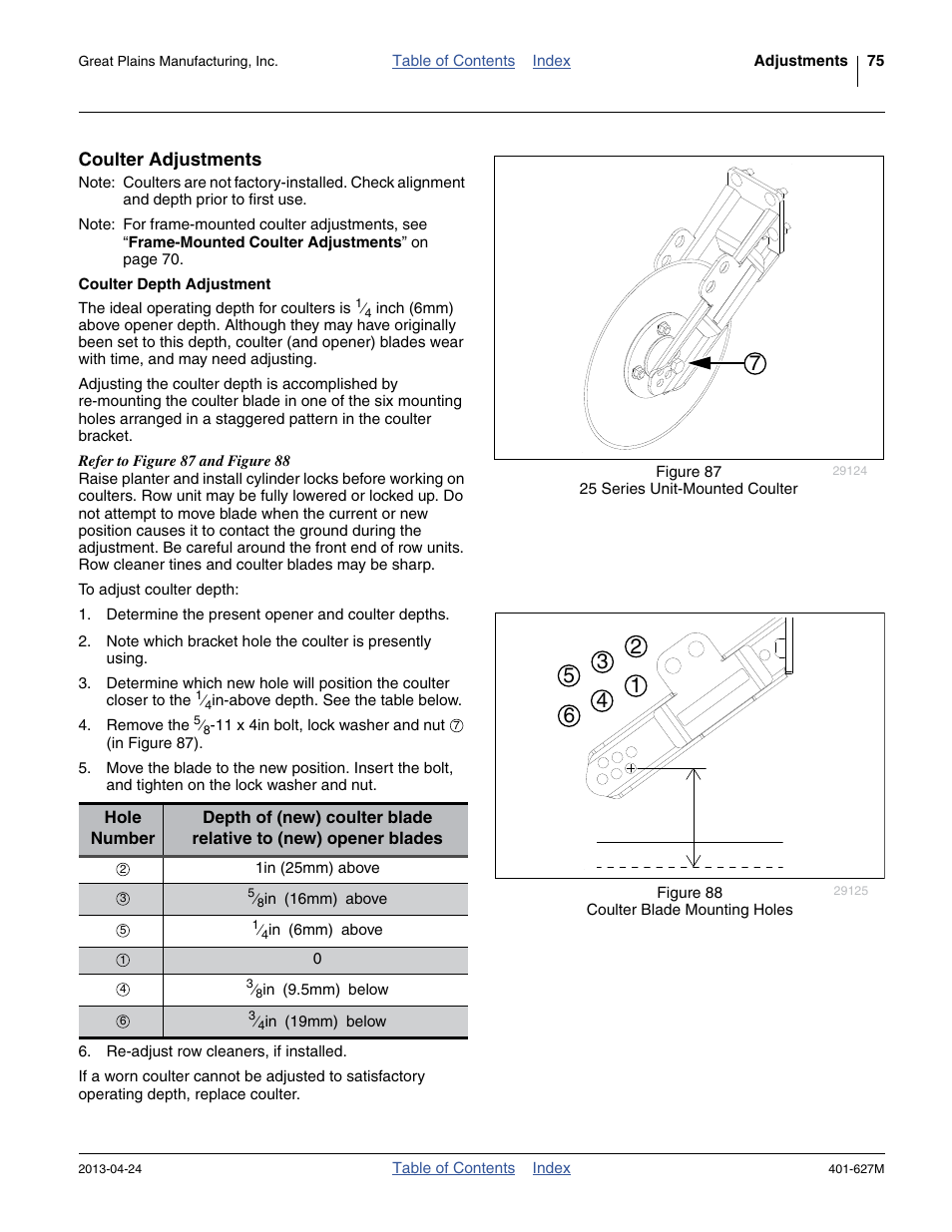 Coulter adjustments, Coulter depth adjustment | Great Plains YP4025A Operator Manual User Manual | Page 79 / 190
