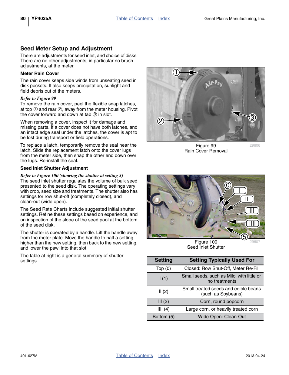 Seed meter setup and adjustment, Meter rain cover, Seed inlet shutter adjustment | Meter rain cover seed inlet shutter adjustment, 05 | ii iii | Great Plains YP4025A Operator Manual User Manual | Page 84 / 190