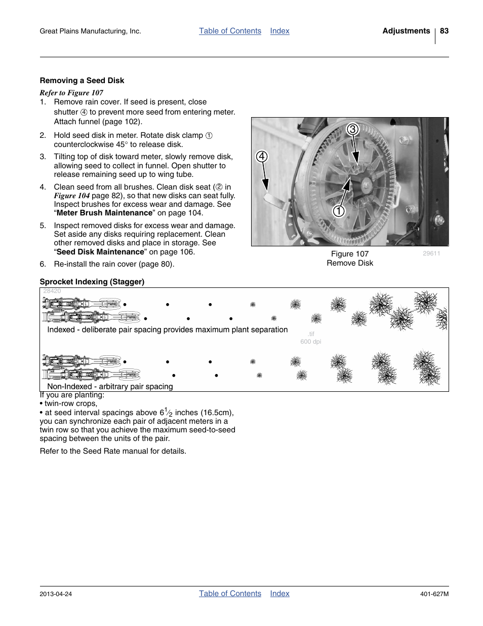 Removing a seed disk, Sprocket indexing (stagger), Removing a seed disk sprocket indexing (stagger) | Great Plains YP4025A Operator Manual User Manual | Page 87 / 190