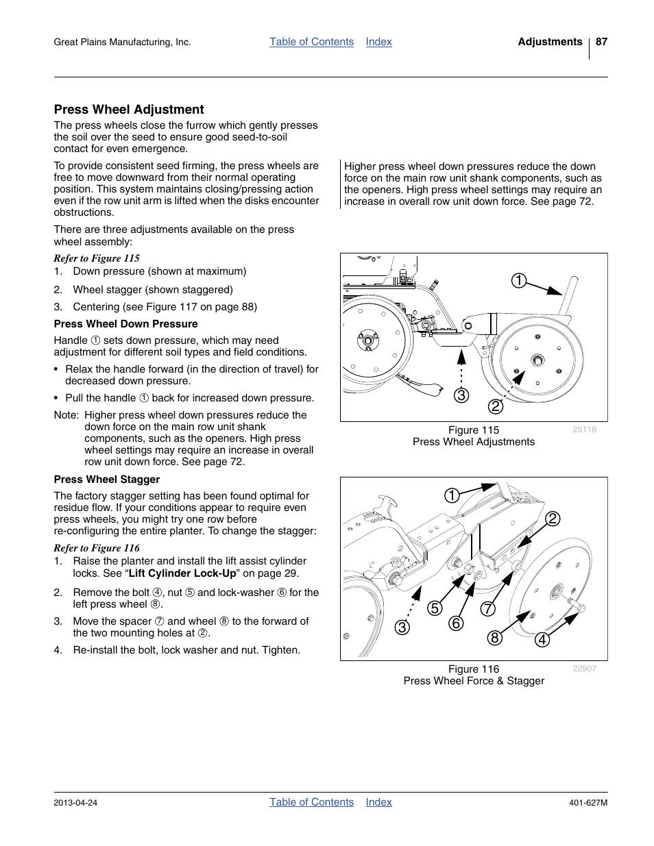 Press wheel adjustment, Press wheel down pressure, Press wheel stagger | Press wheel down pressure press wheel stagger | Great Plains YP4025A Operator Manual User Manual | Page 91 / 190