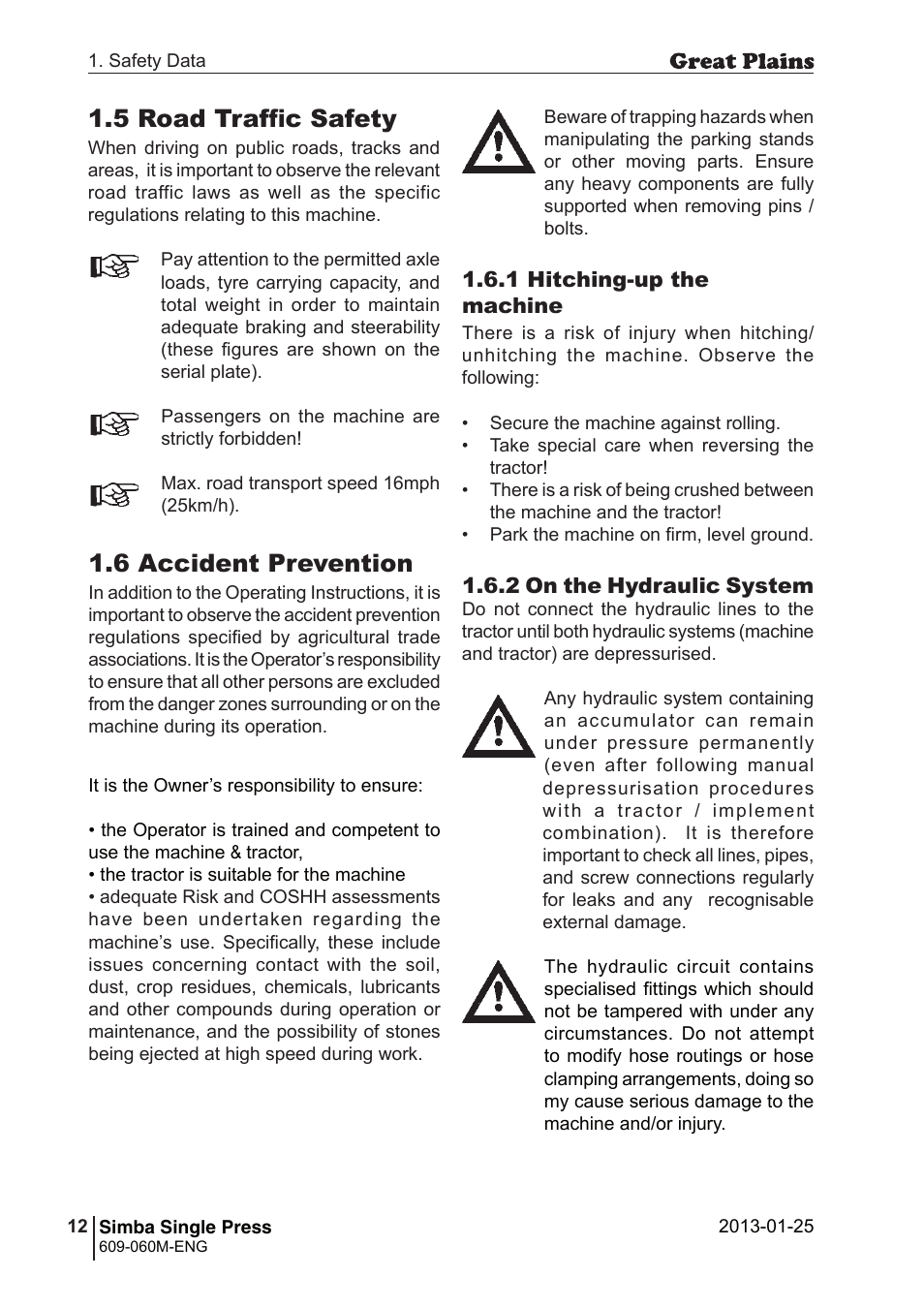 5 road traffic safety, 6 accident prevention | Great Plains Simba Single Press Operator Manual User Manual | Page 12 / 36