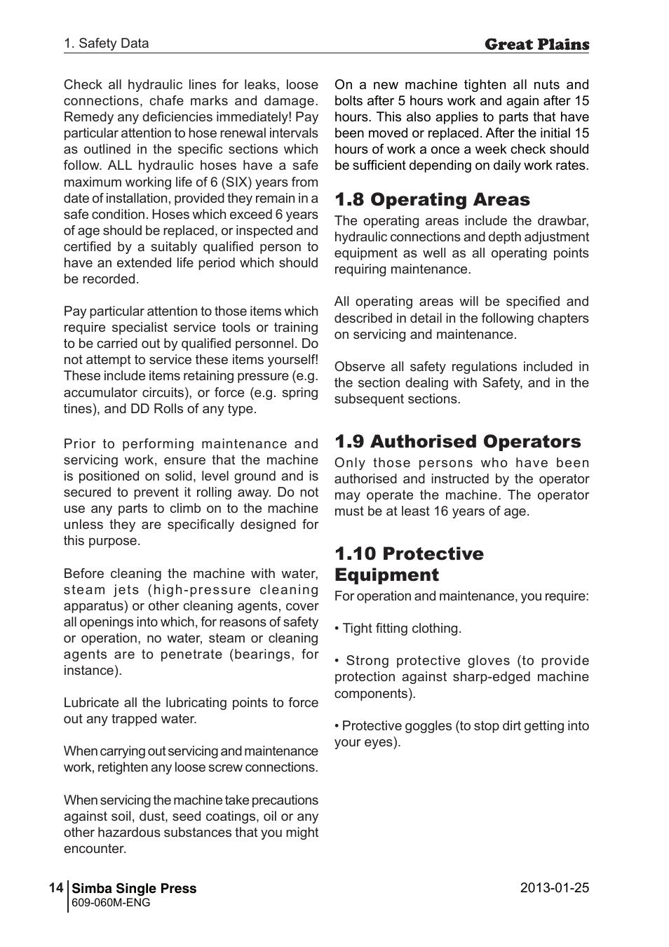 8 operating areas, 9 authorised operators, 10 protective equipment | Great Plains Simba Single Press Operator Manual User Manual | Page 14 / 36