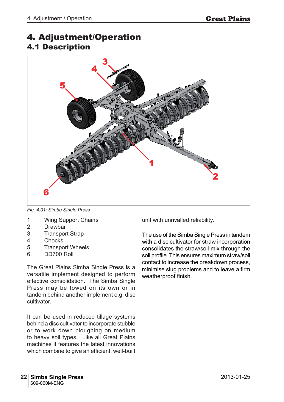 Adjustment/operation, 1 description | Great Plains Simba Single Press Operator Manual User Manual | Page 22 / 36