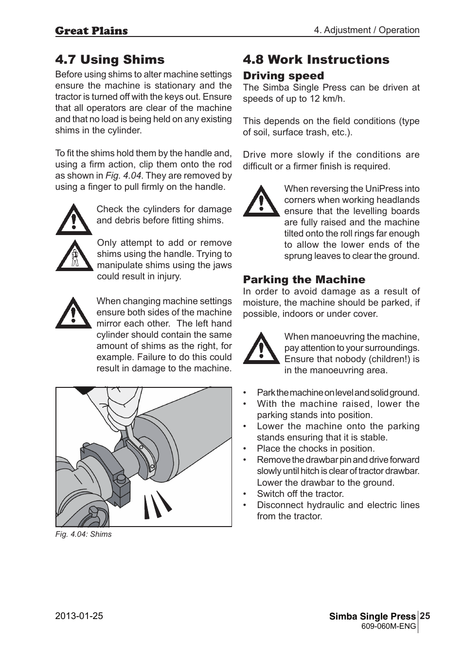 7 using shims, 8 work instructions | Great Plains Simba Single Press Operator Manual User Manual | Page 25 / 36