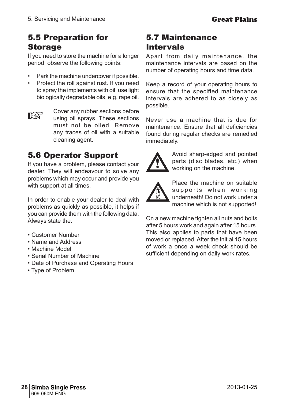 6 operator support, 5 preparation for storage, 7 maintenance intervals | Great Plains Simba Single Press Operator Manual User Manual | Page 28 / 36