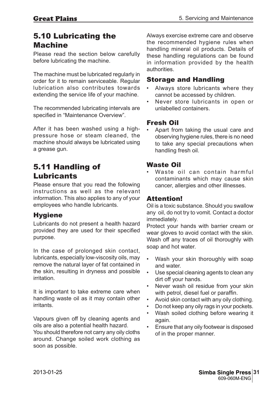 10 lubricating the machine, 11 handling of lubricants | Great Plains Simba Single Press Operator Manual User Manual | Page 31 / 36