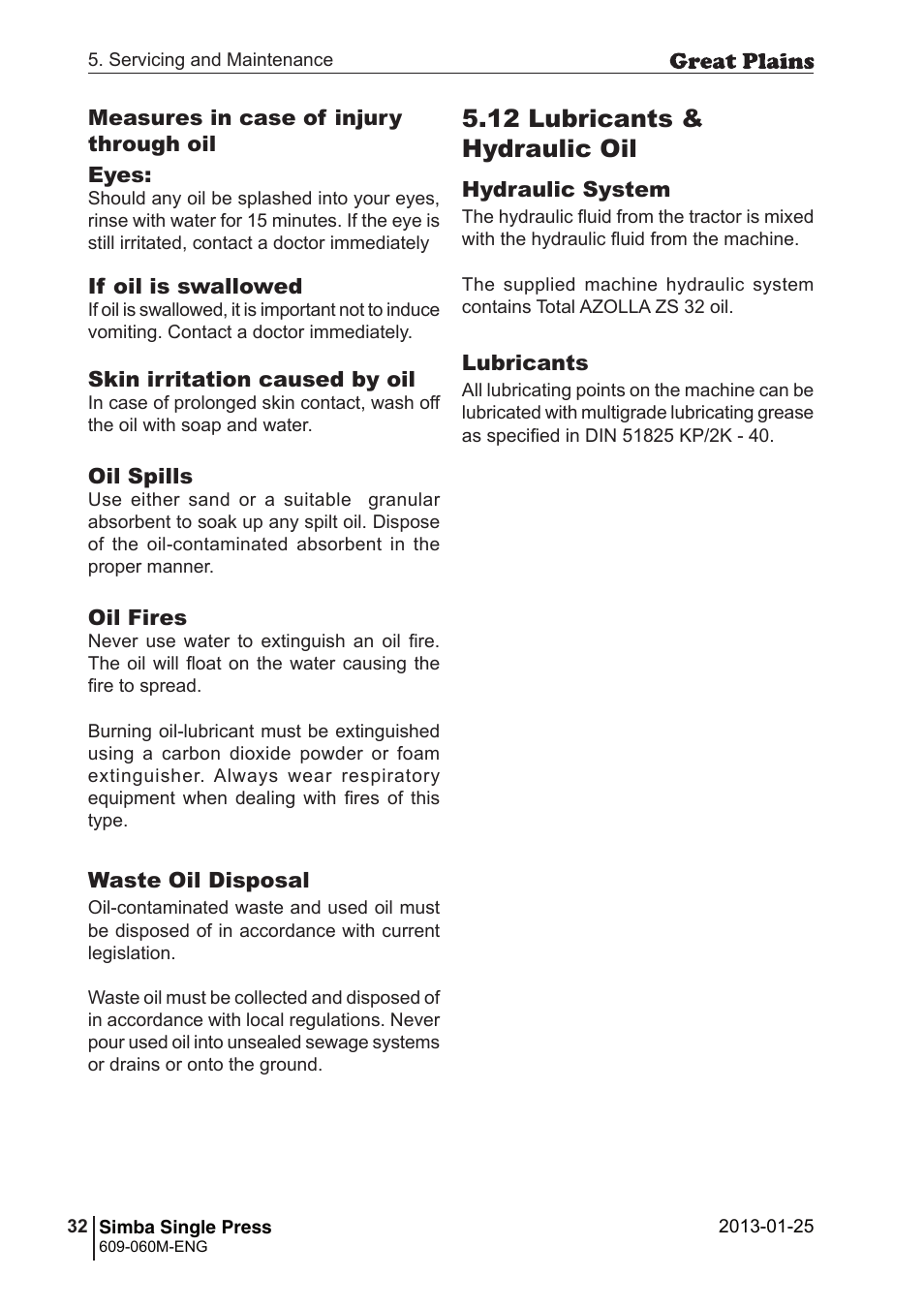 12 lubricants & hydraulic oil | Great Plains Simba Single Press Operator Manual User Manual | Page 32 / 36