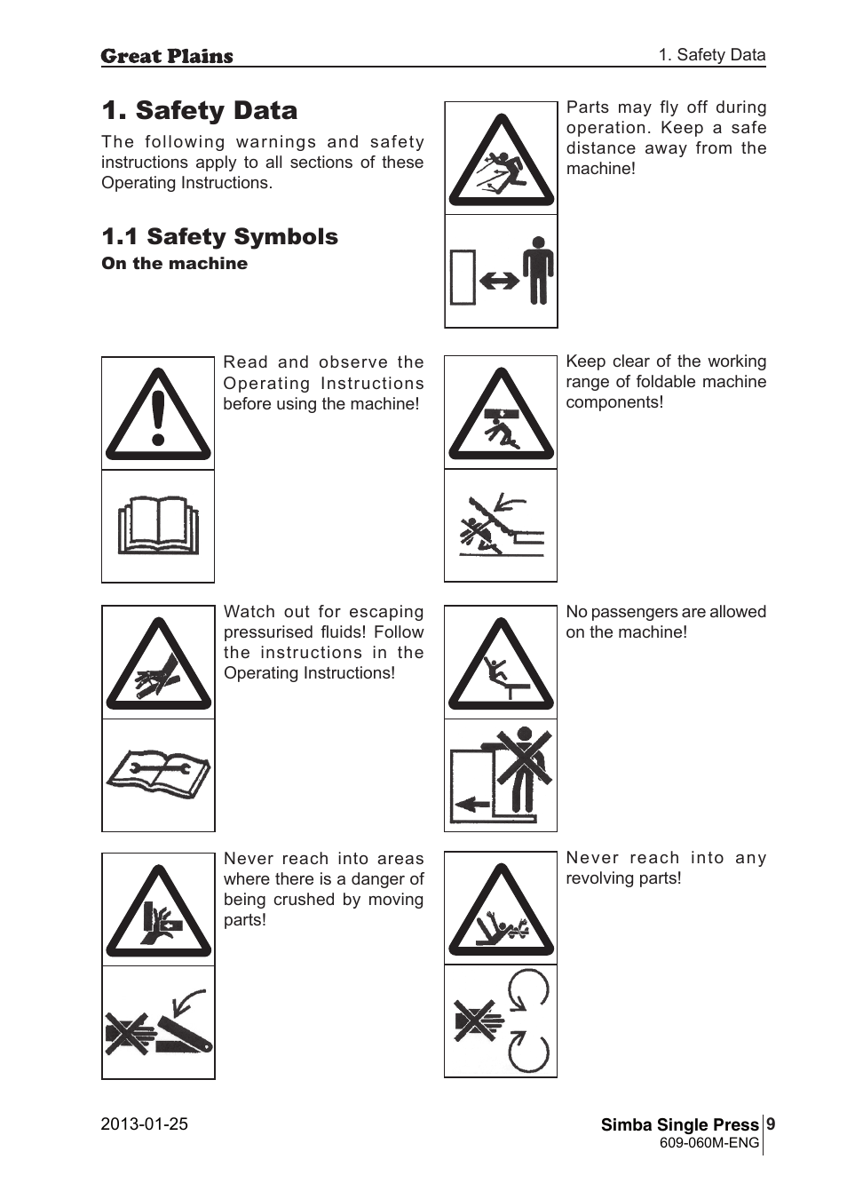 Safety data, 1 safety symbols | Great Plains Simba Single Press Operator Manual User Manual | Page 9 / 36
