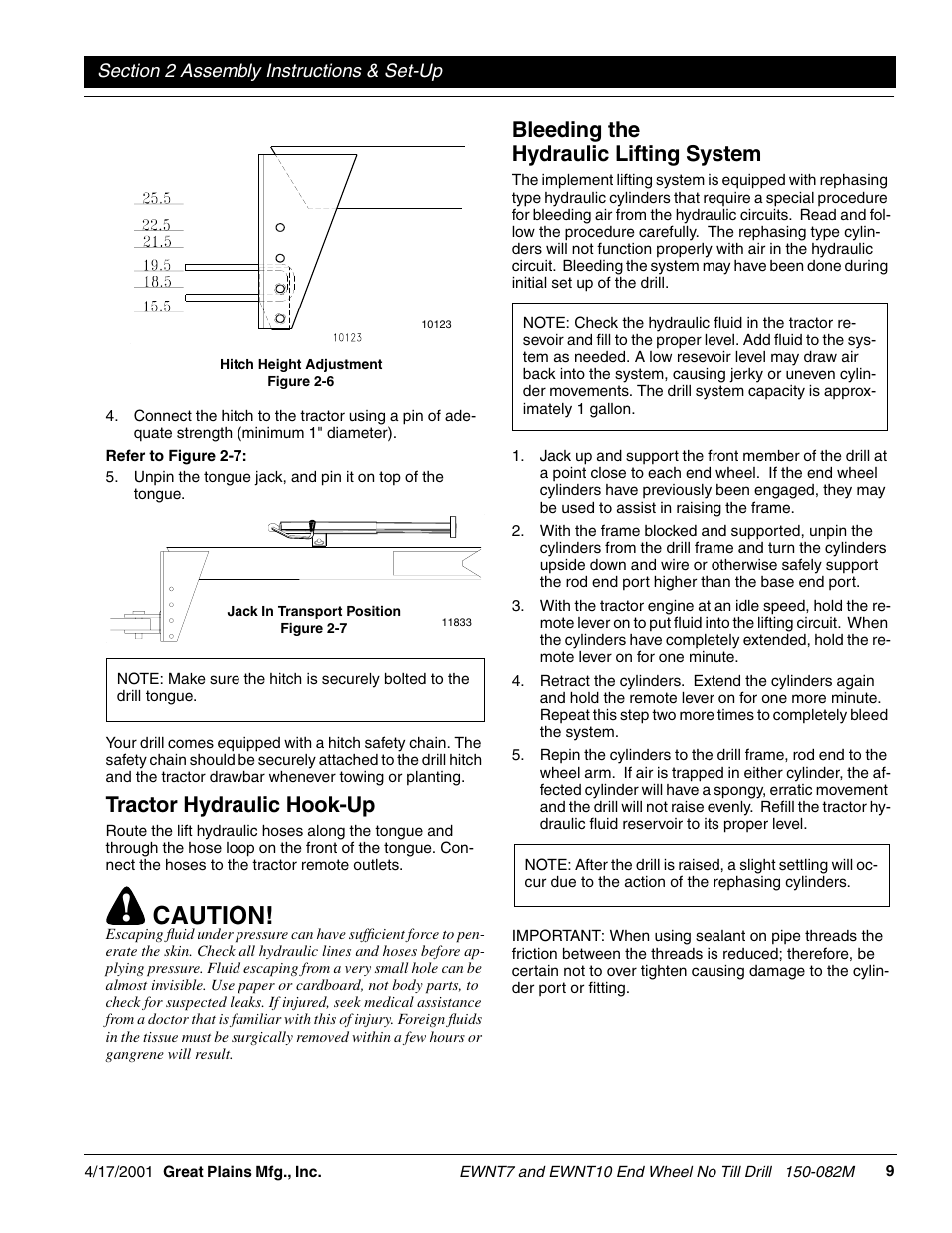 Caution, Tractor hydraulic hook-up, Bleeding the hydraulic lifting system | Great Plains EWNT7 1237Q-1522Q Operator Manual User Manual | Page 11 / 34
