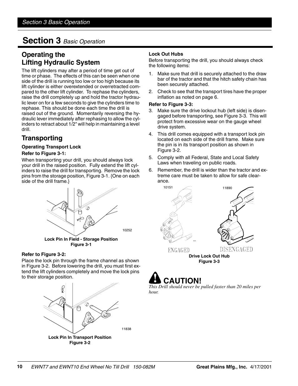 Caution, Operating the lifting hydraulic system, Transporting | Great Plains EWNT7 1237Q-1522Q Operator Manual User Manual | Page 12 / 34