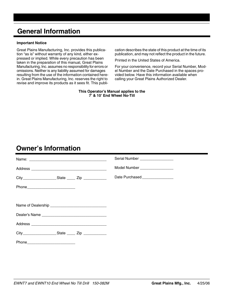 General information, Owner’s information | Great Plains EWNT7 1237Q-1522Q Operator Manual User Manual | Page 2 / 34