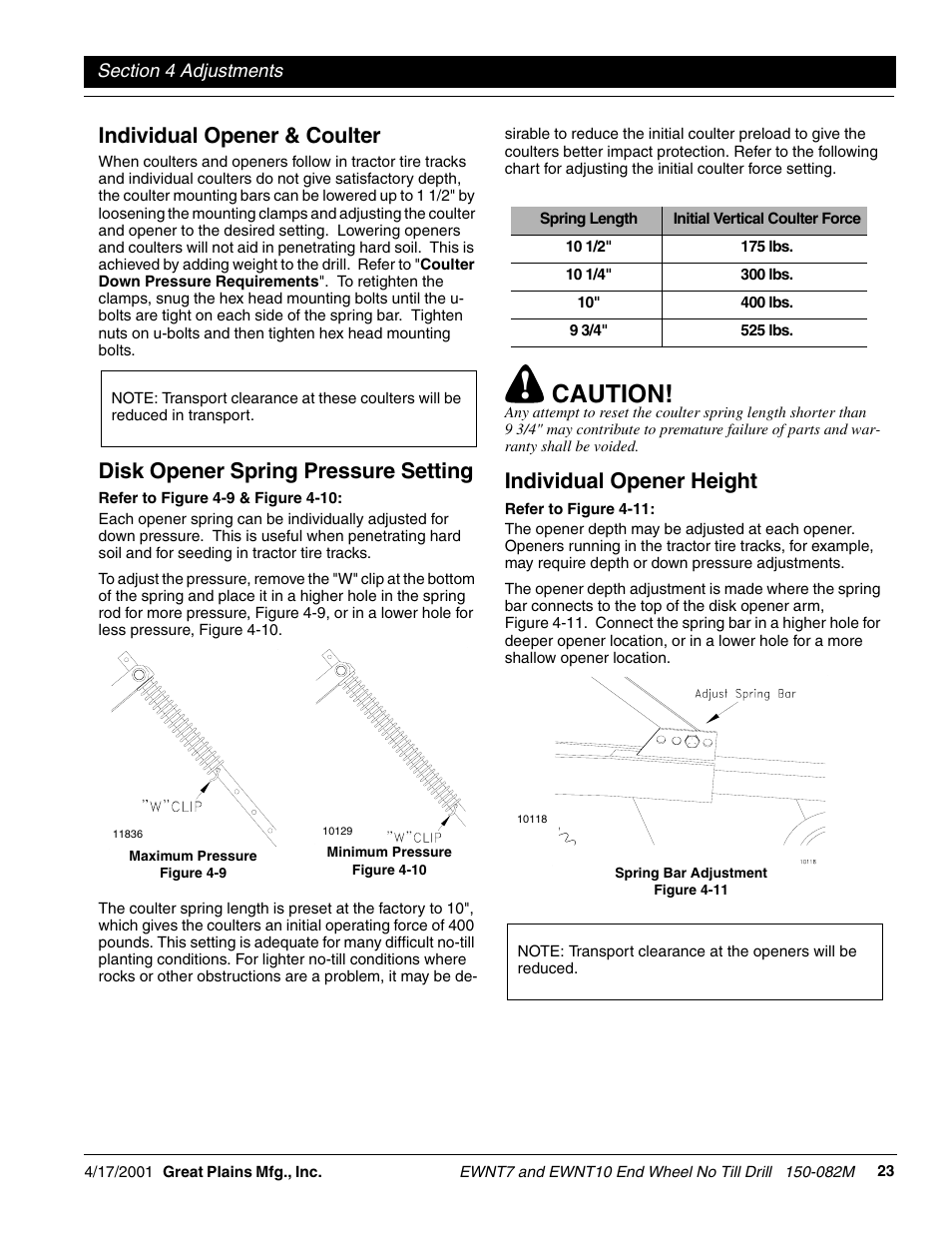 Caution, Individual opener & coulter, Disk opener spring pressure setting | Individual opener height | Great Plains EWNT7 1237Q-1522Q Operator Manual User Manual | Page 25 / 34