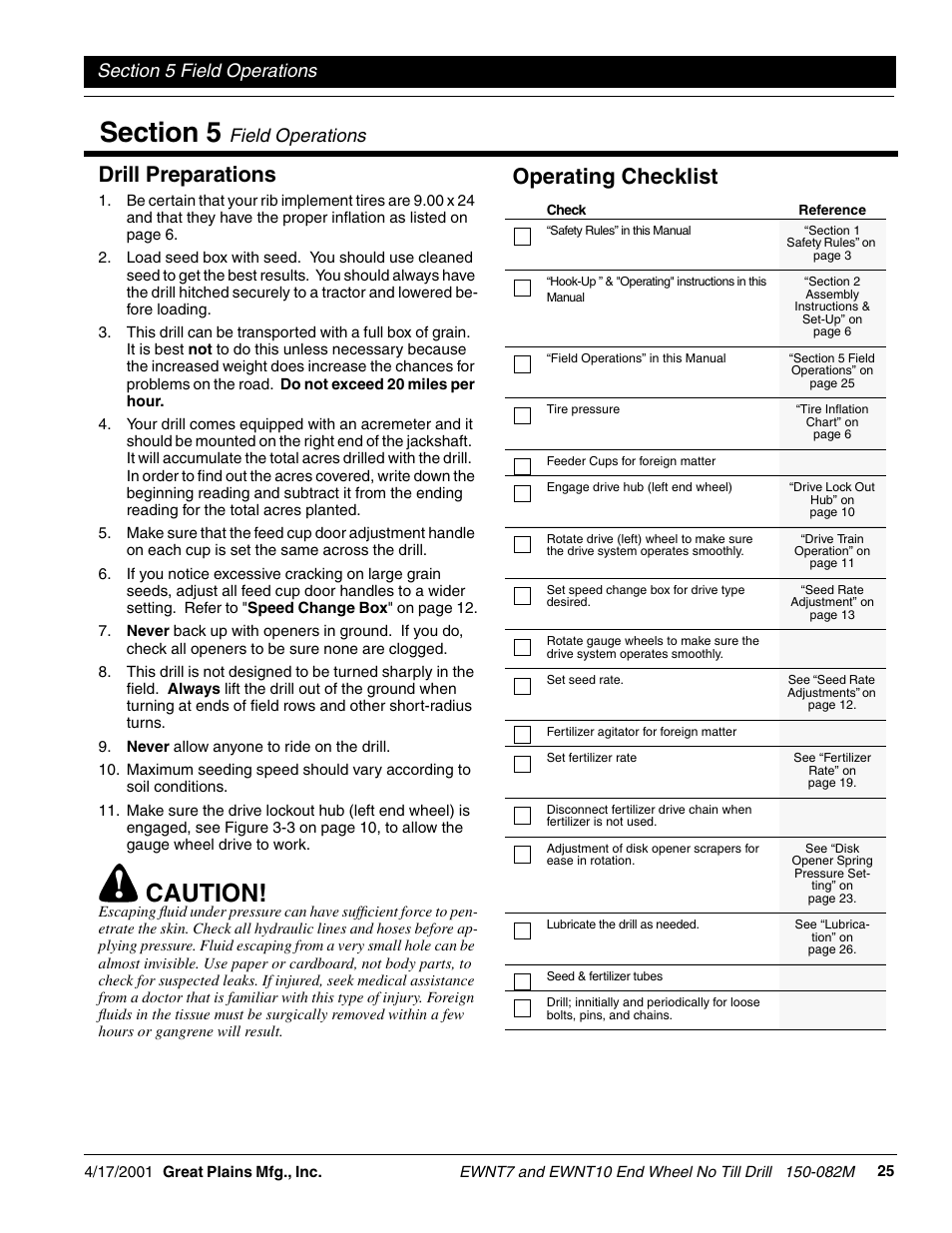 Caution, Drill preparations, Operating checklist | Field operations | Great Plains EWNT7 1237Q-1522Q Operator Manual User Manual | Page 27 / 34