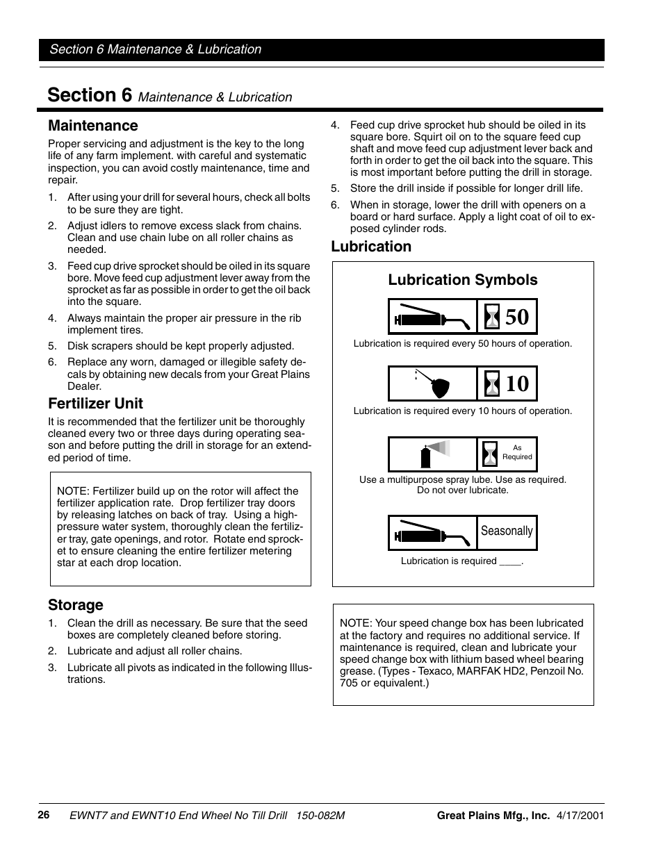 See “lubrica, Tion” on, Lubrication | Lubrication symbols, Maintenance, Fertilizer unit, Storage | Great Plains EWNT7 1237Q-1522Q Operator Manual User Manual | Page 28 / 34