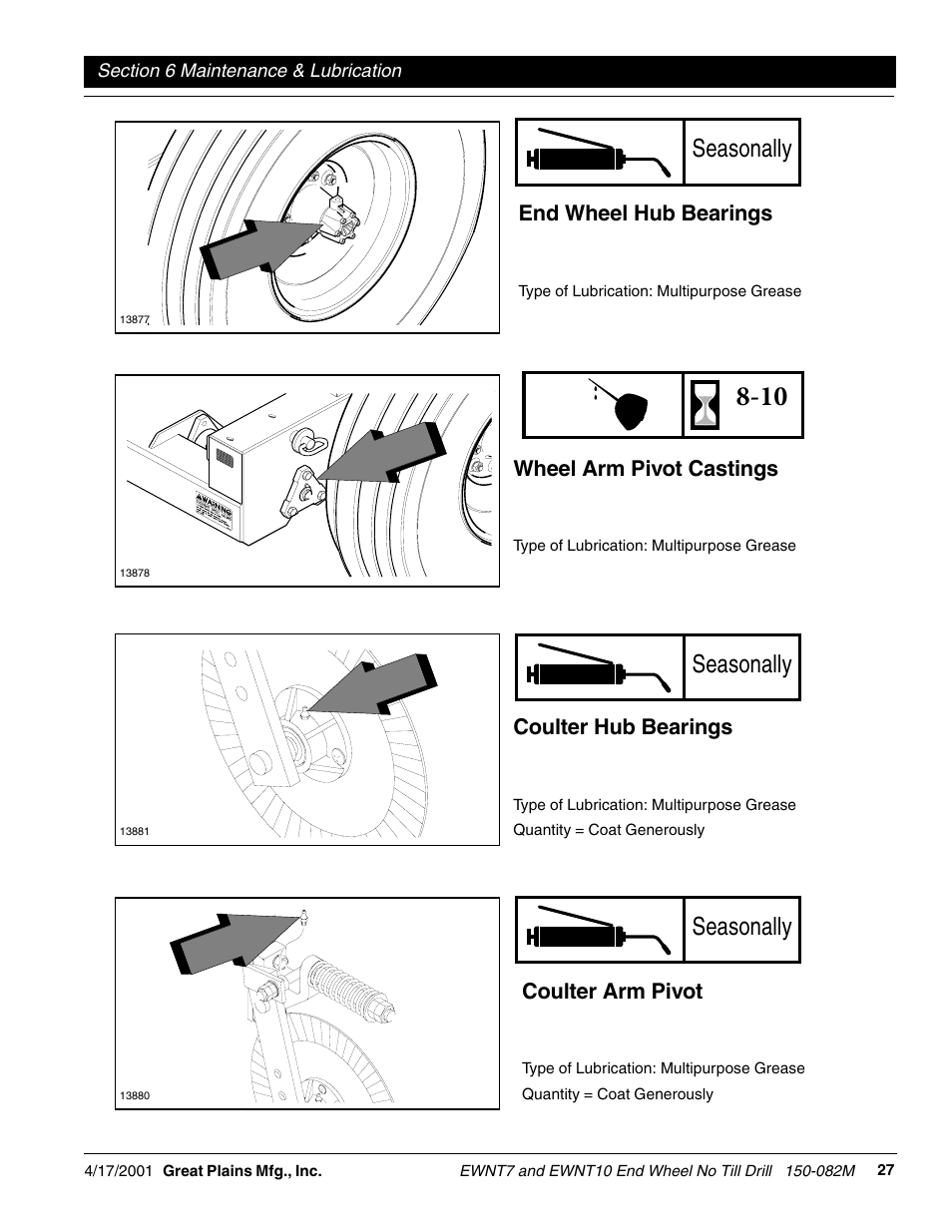 Seasonally, Coulter arm pivot, End wheel hub bearings | Wheel arm pivot castings, Coulter hub bearings | Great Plains EWNT7 1237Q-1522Q Operator Manual User Manual | Page 29 / 34