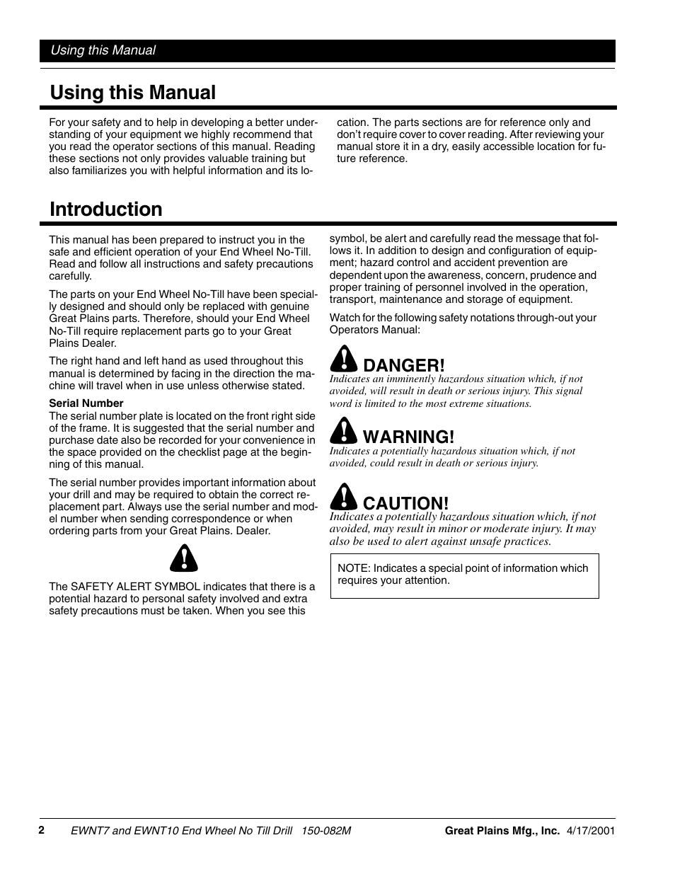 Using this manual introduction, Danger, Warning | Caution | Great Plains EWNT7 1237Q-1522Q Operator Manual User Manual | Page 4 / 34
