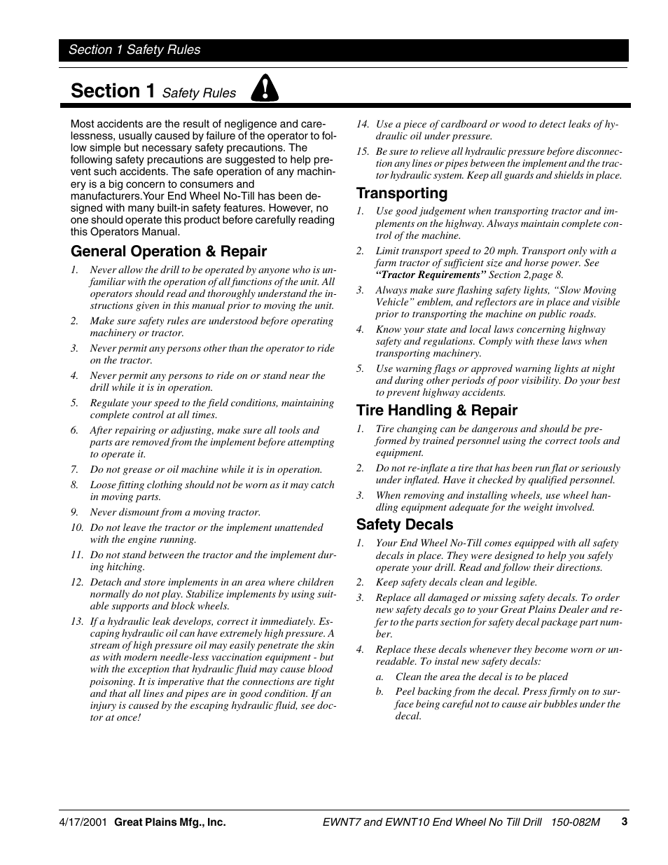 General operation & repair, Transporting, Tire handling & repair | Safety decals | Great Plains EWNT7 1237Q-1522Q Operator Manual User Manual | Page 5 / 34