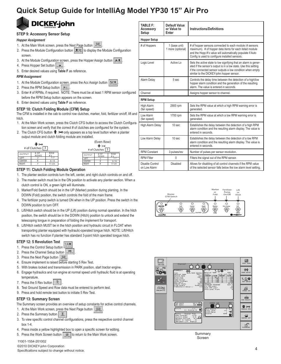 Step 12: 5 revolution test, 4step 13: summary screen, Step 11: clutch folding module operation | Step 9: accessory sensor setup, Step 10: clutch folding module (cfm) setup | Great Plains YP3025A-2415 24-Row 15-Inch Quick Start User Manual | Page 4 / 5