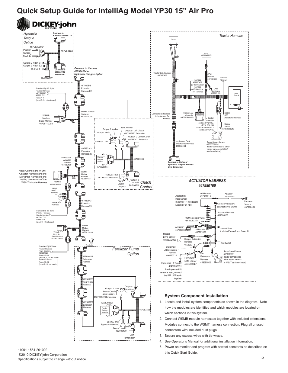 System component installation, Fertilizer pump option, Clutch control | Tractor harness, Hydraulic tongue option | Great Plains YP3025A-2415 24-Row 15-Inch Quick Start User Manual | Page 5 / 5