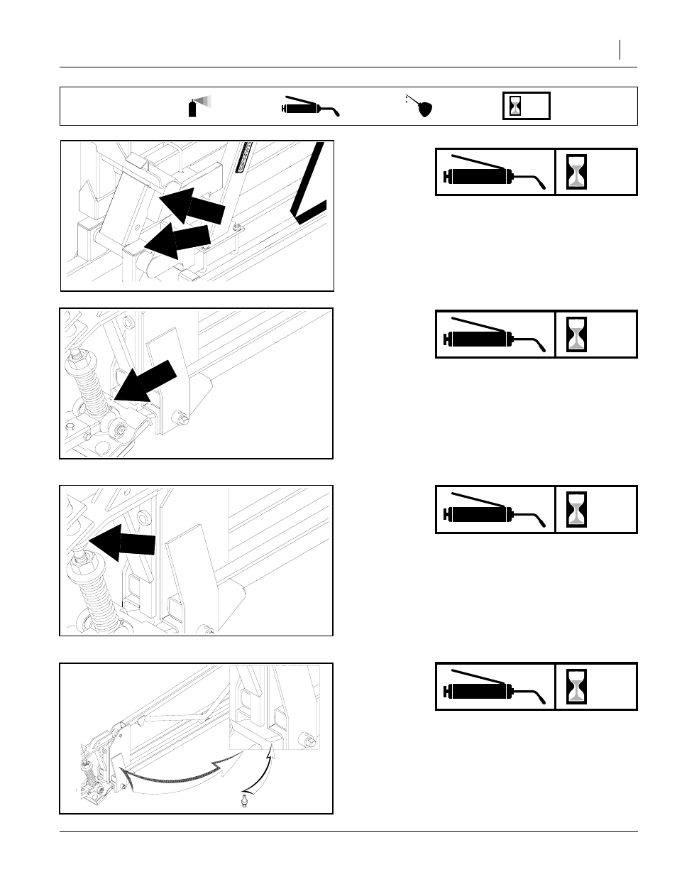 Lubrication, Outside boom wing fold hinge, Break-away pivot plate | Break-away tube pivot, Swing arm pivot joints | Great Plains CF60 Operator Manual User Manual | Page 23 / 28