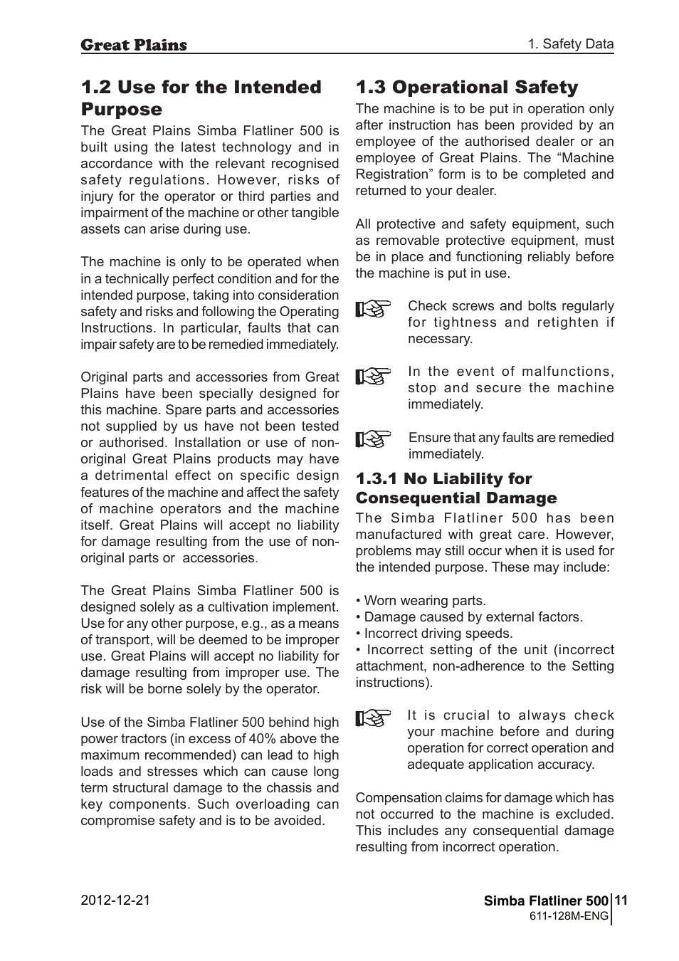 3 operational safety, 2 use for the intended purpose | Great Plains Simba Flatliner 500 Operator Manual User Manual | Page 11 / 30