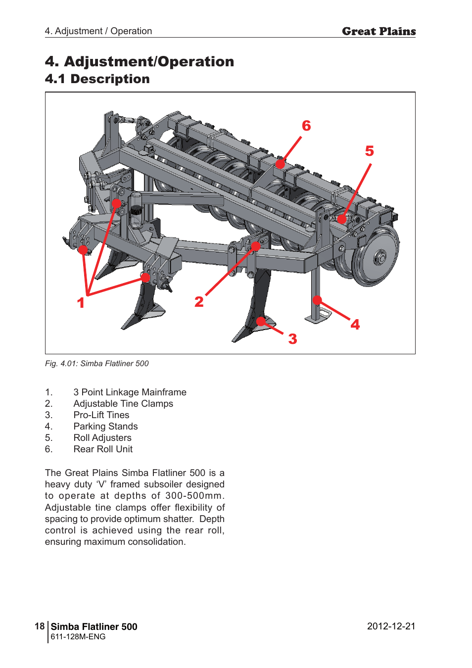 Adjustment/operation, 1 description | Great Plains Simba Flatliner 500 Operator Manual User Manual | Page 18 / 30