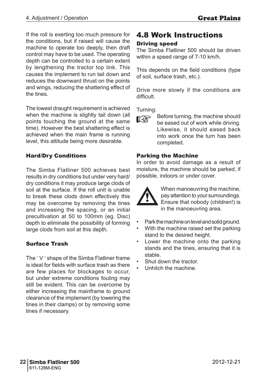 8 work instructions | Great Plains Simba Flatliner 500 Operator Manual User Manual | Page 22 / 30