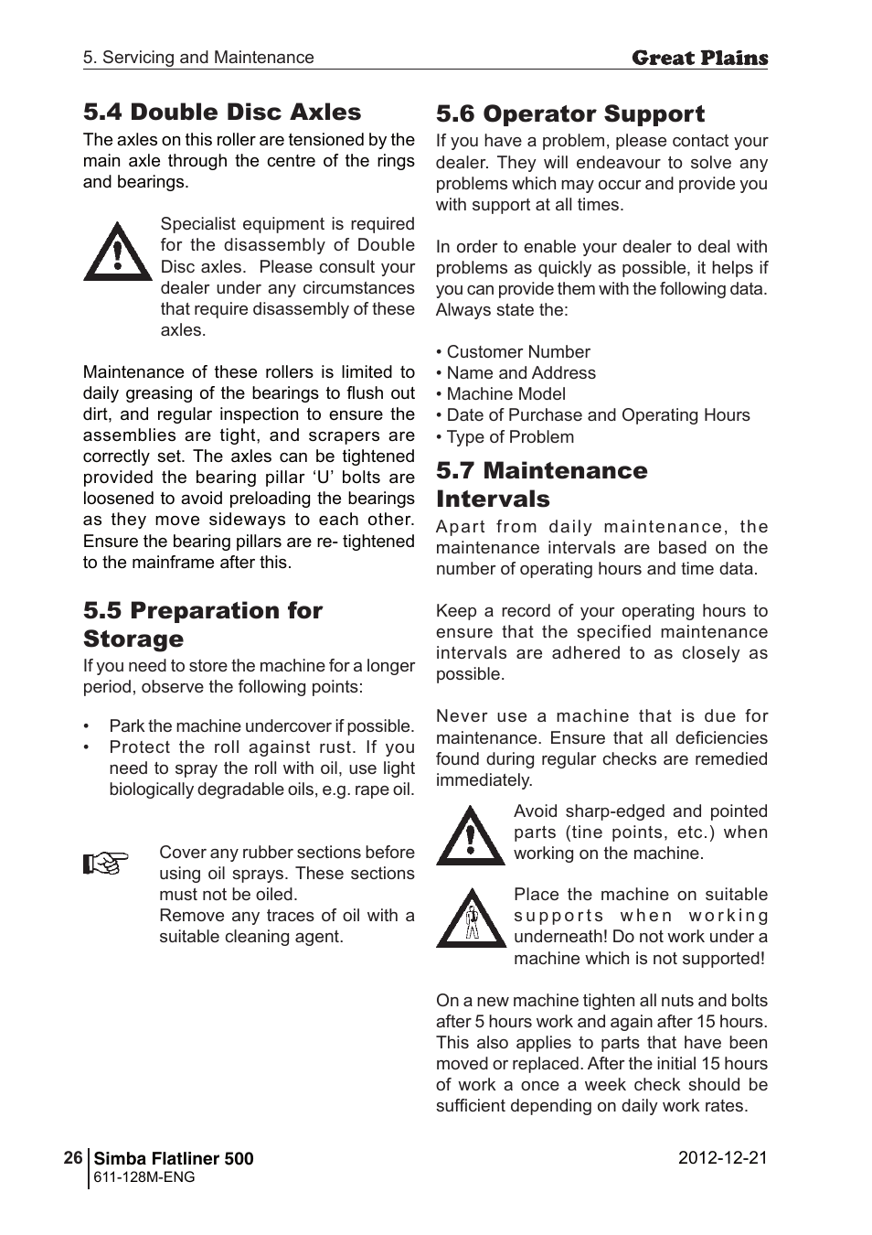 6 operator support, 7 maintenance intervals, 5 preparation for storage | 4 double disc axles | Great Plains Simba Flatliner 500 Operator Manual User Manual | Page 26 / 30