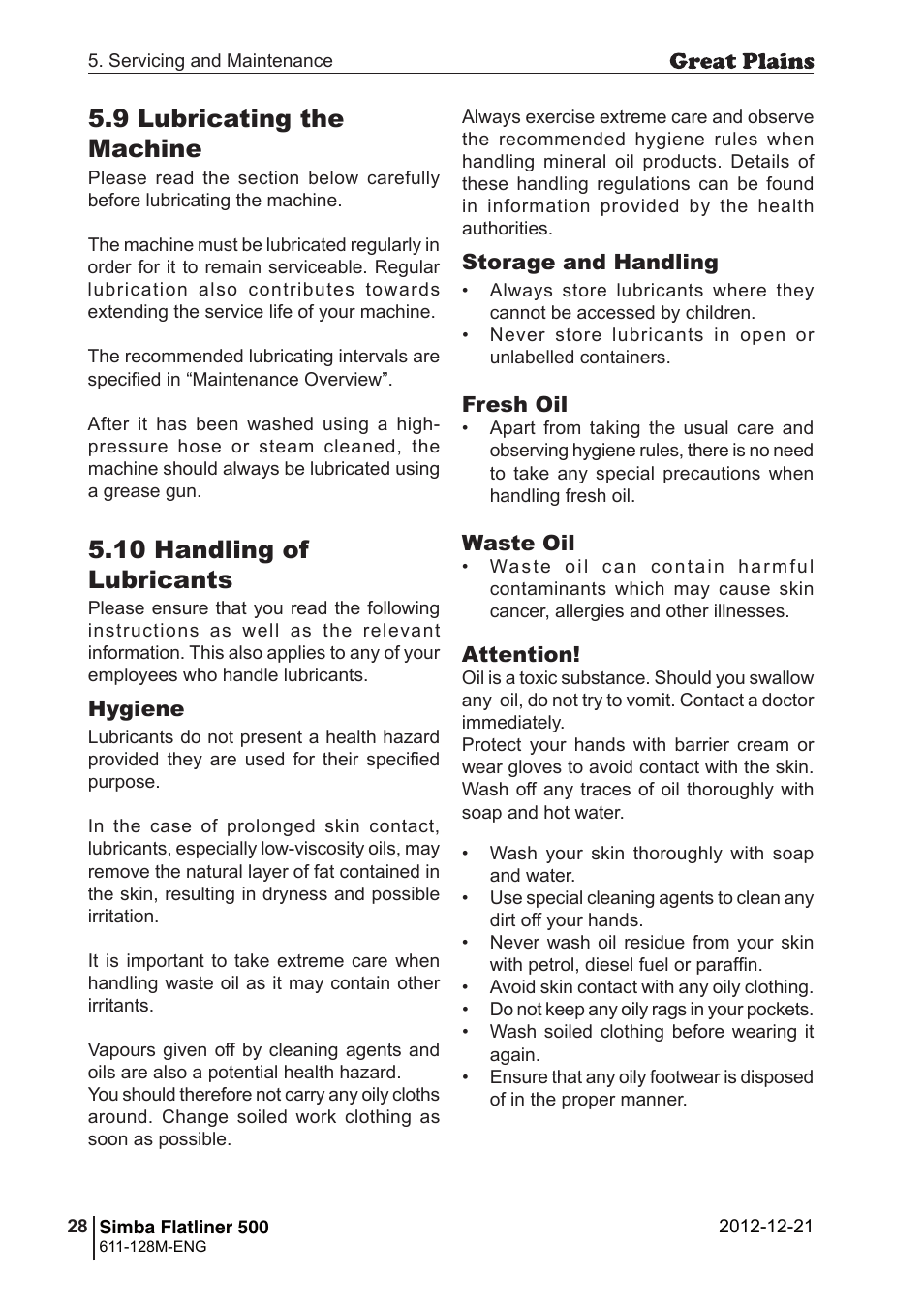 9 lubricating the machine, 10 handling of lubricants | Great Plains Simba Flatliner 500 Operator Manual User Manual | Page 28 / 30