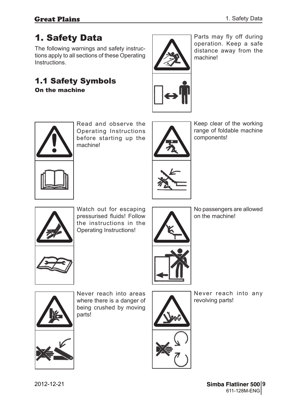 Safety data, 1 safety symbols | Great Plains Simba Flatliner 500 Operator Manual User Manual | Page 9 / 30