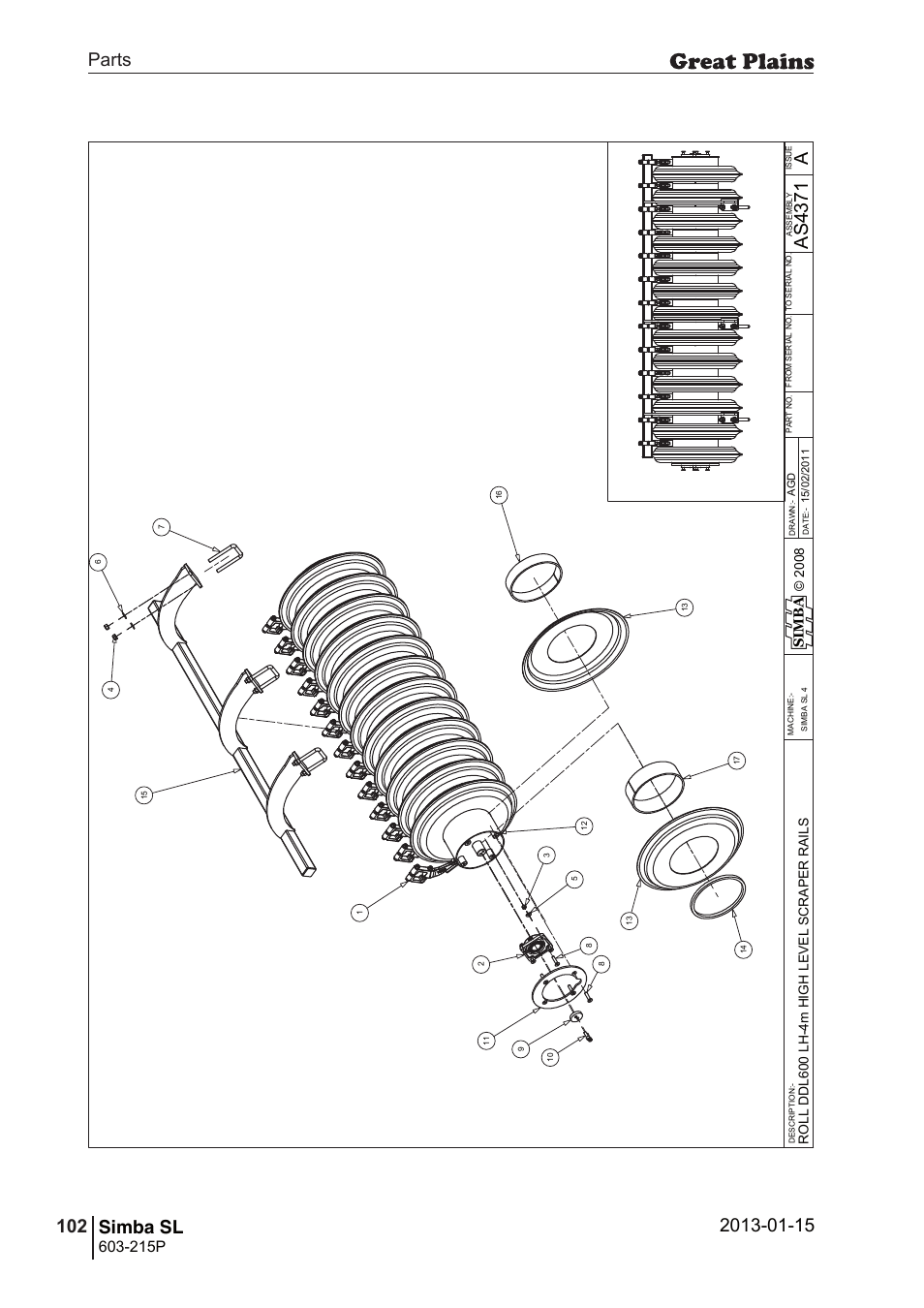 Simba sl, 136 7. parts and assembly, Aas 43 71 | Parts 102 simba sl, Operating instructions, 215p, Si m b a | Great Plains SL600 Parts Manual User Manual | Page 102 / 144