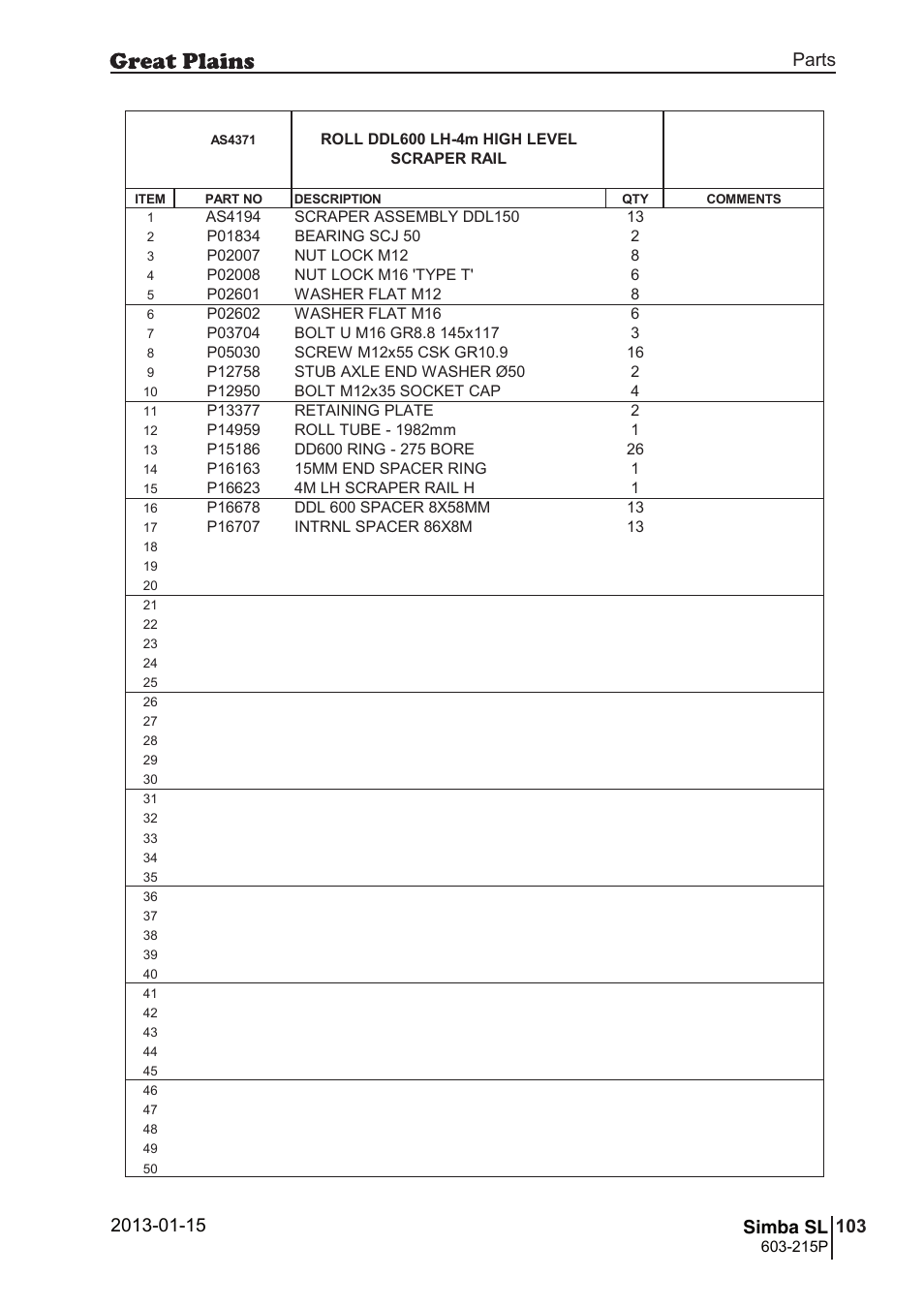 137 simba sl, Parts and assembly, Simba sl | 136 7. parts and assembly, Aas 43 71, Parts 103 simba sl, Operating instructions, Roll ddl600 lh-4m high level scraper rail, 215p, Si m b a | Great Plains SL600 Parts Manual User Manual | Page 103 / 144