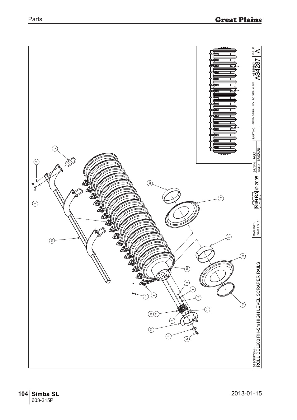 Simba sl, 138 7. parts and assembly, Aas 42 87 | Parts 104 simba sl, Operating instructions, 215p, Si m b a | Great Plains SL600 Parts Manual User Manual | Page 104 / 144