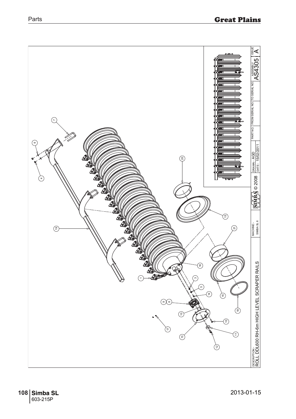 Simba sl, 142 7. parts and assembly, Aas 43 05 | Parts 108 simba sl, Operating instructions, 215p, Si m b a | Great Plains SL600 Parts Manual User Manual | Page 108 / 144