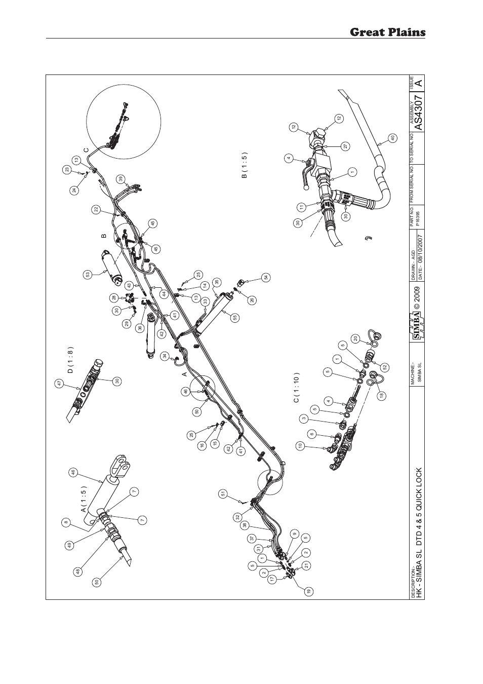 Simba sl, 164 7. parts and assembly, Aas 43 07 | Parts 130 simba sl, Operating instructions, 215p, Si m b a, Ab c d | Great Plains SL600 Parts Manual User Manual | Page 130 / 144