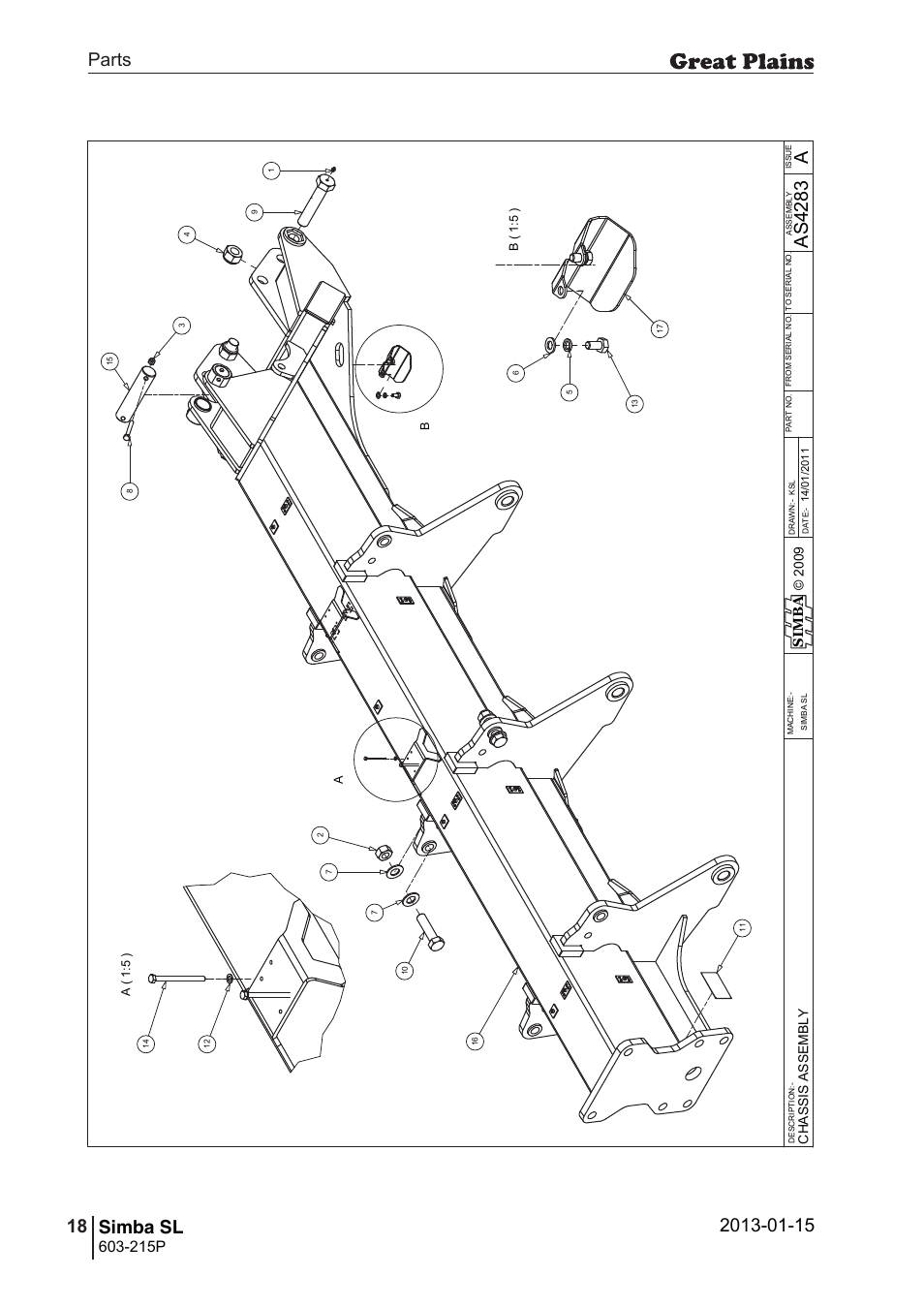 Simba sl, 52 7. parts and assembly, Aas 42 83 | Parts 18 simba sl, Operating instructions, 215p, Si m b a, Ch a ss is a s se m b ly, A( 1 :5 ) b ( 1 :5 ) | Great Plains SL600 Parts Manual User Manual | Page 18 / 144